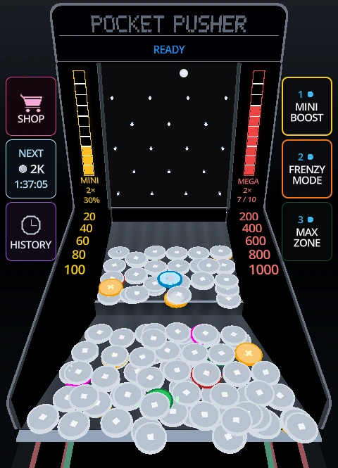 Pocket Pusher beta gameplay showing the coin pusher machine, special coins, and abilities